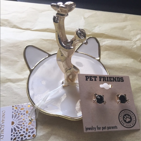 Cynthia Rowley Other - Cat Jewelry Trinket Holder & Cat Stud Earrings Set